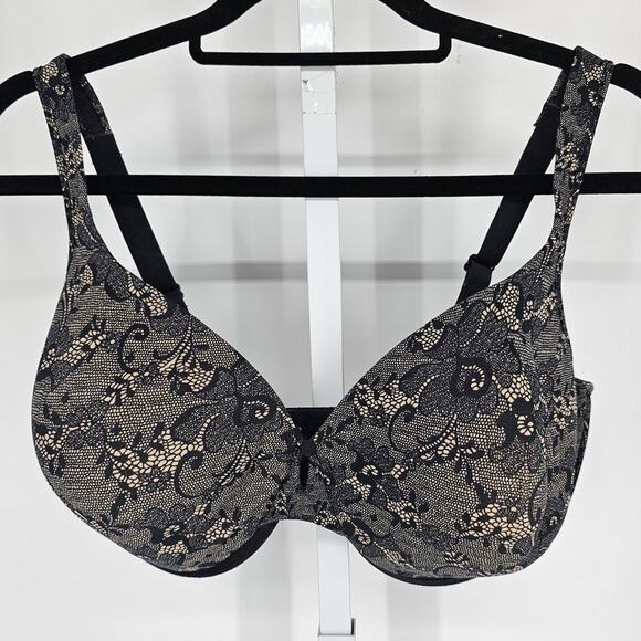 Bali Womens Sz 42DD Lightly Libed T Shirt Bra Black Beige Faux Lace Print - Picture 1 of 4